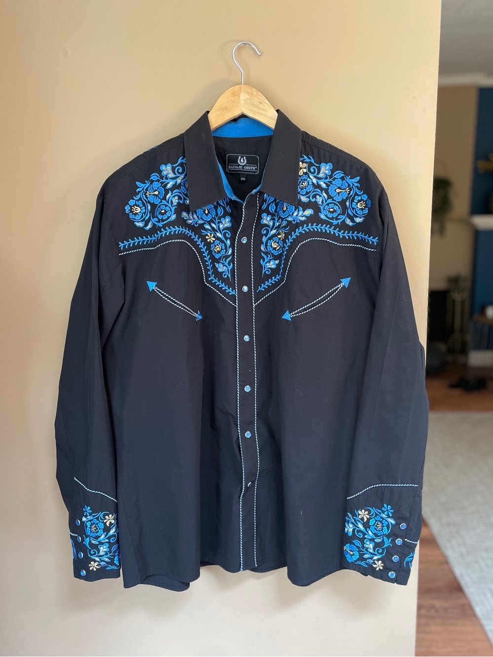 Salvaje Oeste Mens Embroidered Western Snap Cowboy Shirt 2XL XXL Blue Floral